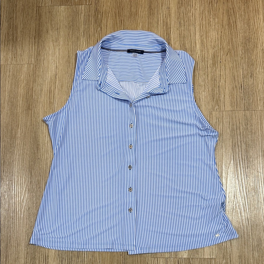 New Tommy Hilfiger Blue and White Striped Sleeveless Button-Down Shirt XL